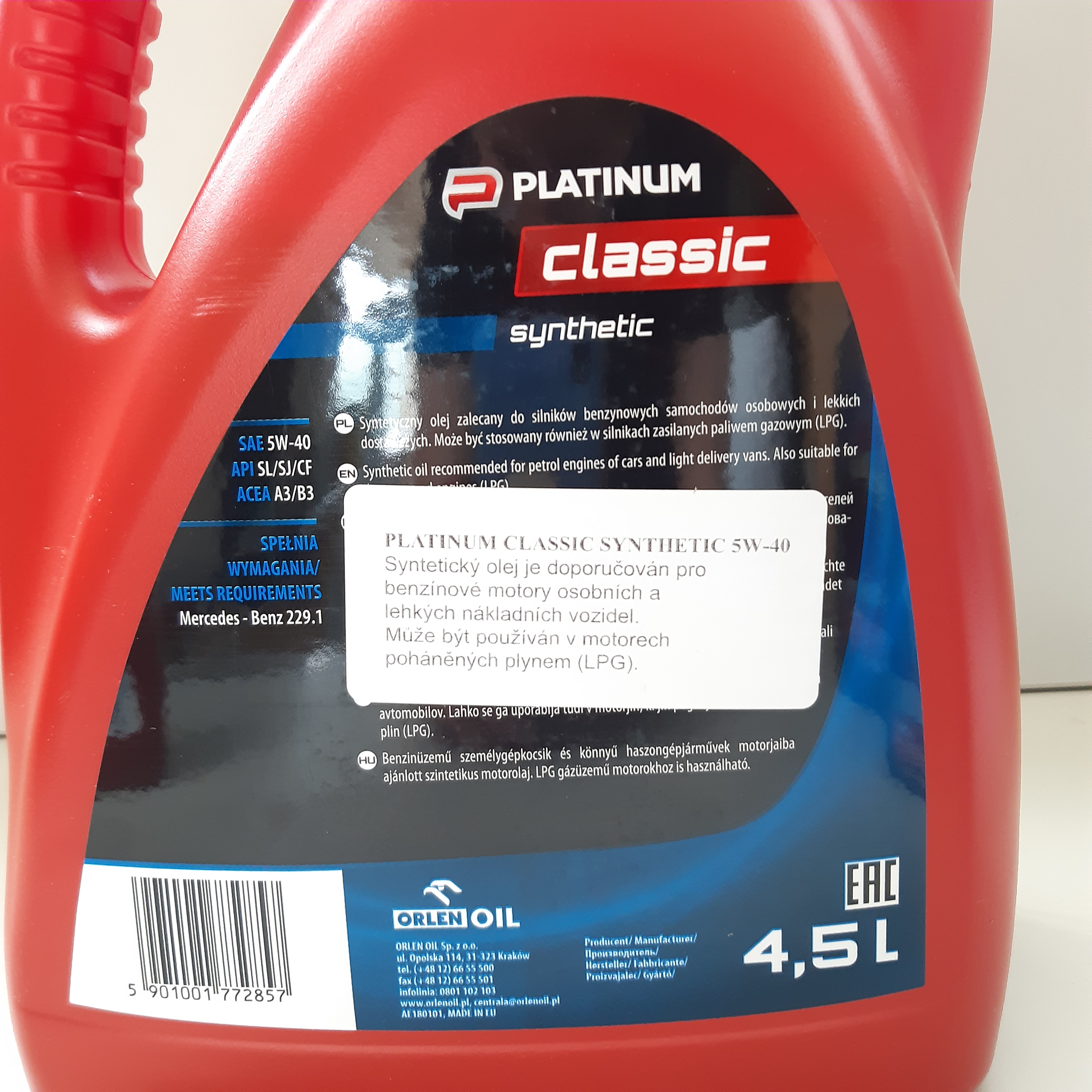 4,5Litru - Motorový syntetický olej - Platinum CLASSIC SYNTHETIC - 5W-40 - Orlen Oil